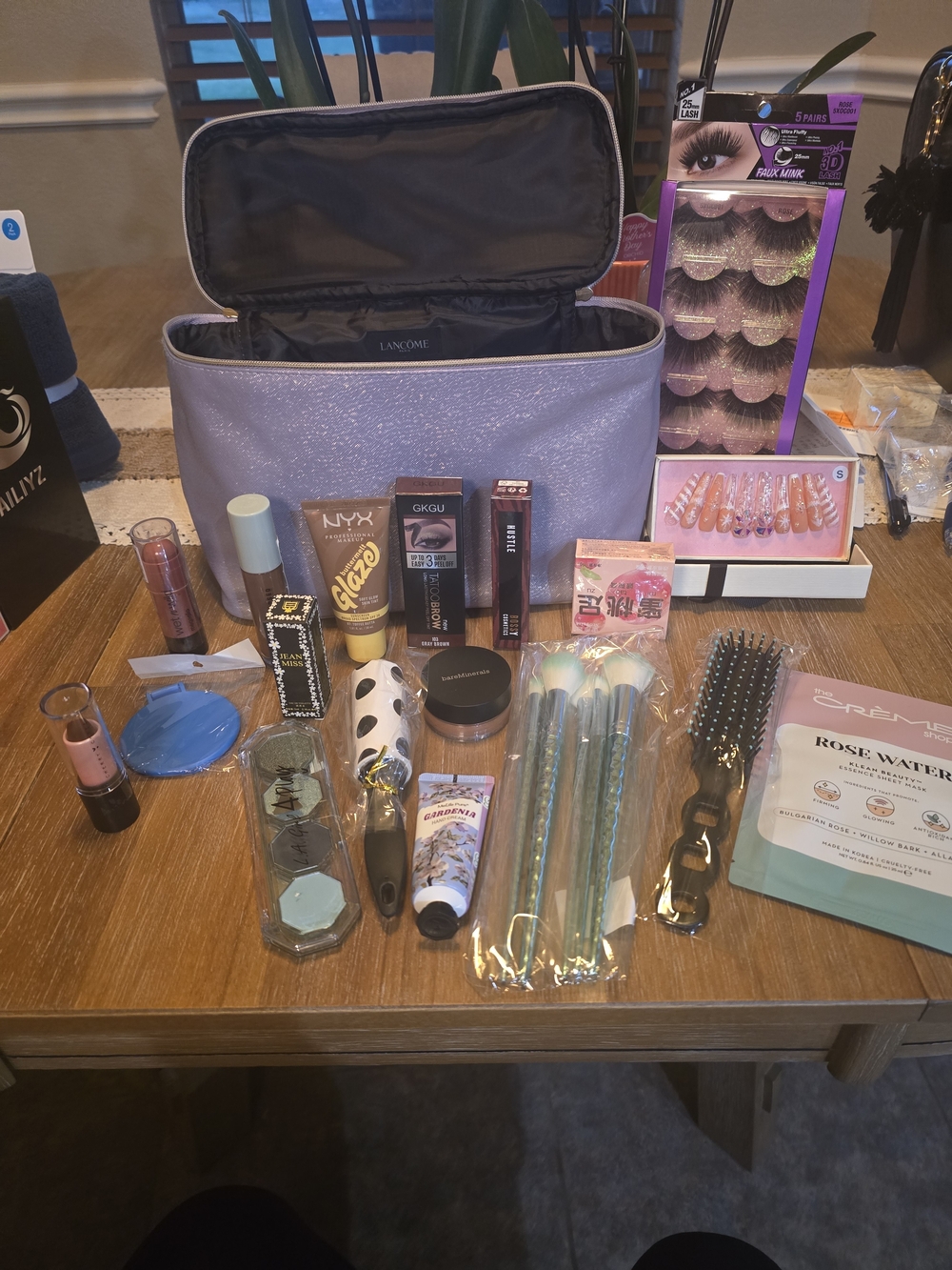 Stuffed Lancome Purple Glitter Cosmetic Bag with Gold Hardware & Beauty Bundle